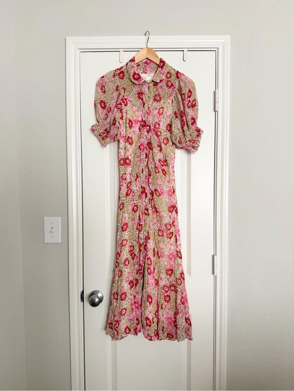 Anthropologie Pink and Green Floral Maxi Shirt Dress Puff Sleeve Ruched Mesh 2